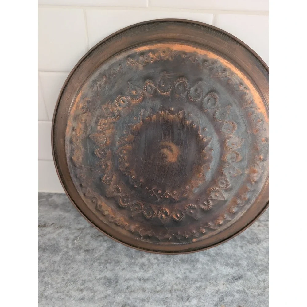 Vintage Hand Hammered Solid Copper Charger Geometric Design 12